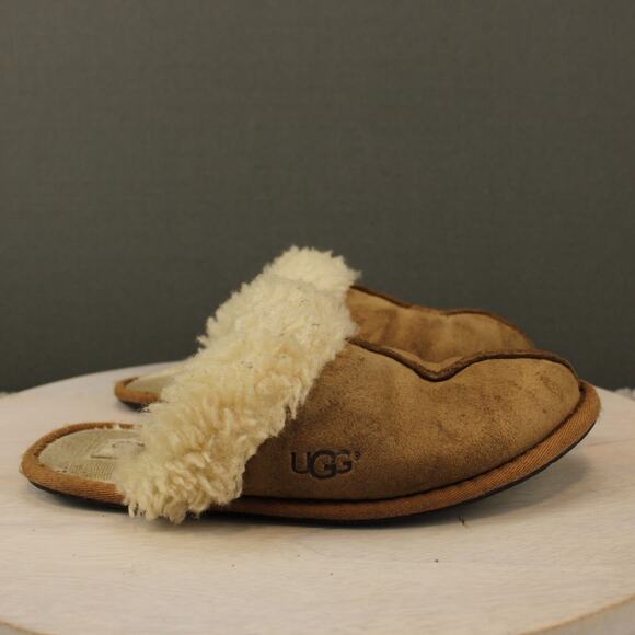 UGG Scuffette II Sherpa Lined Slipper Womens 8 Tan Leather Slip On Slide - Picture 1 of 8